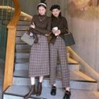 High-neck Side Slit Knit Top / High-neck Knit Top / High-waist Plaid Long Skirt / High-waist Plaid Wide-leg Pants