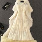 Set: Flower Applique Long-sleeve A-line Dress + Strappy Dress