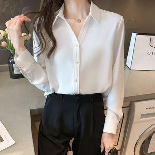 Long-sleeve Plain Draped Loose Metal Button Chiffon Shirt