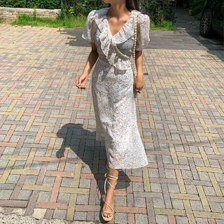 Wrap-front Ruffle-trim Floral Dress
