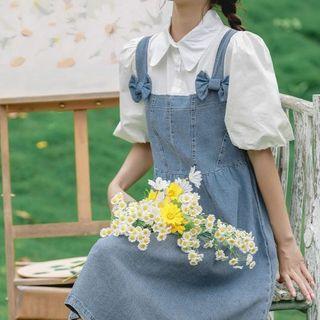 Puff-sleeve Mock Two-piece Denim Panel Midi A-line Dress