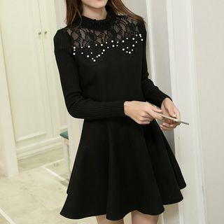 Faux Pearl Lace Panel Long Sleeve Mini Dress