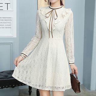 Long-sleeve Frill-trim Lace A-line Dress
