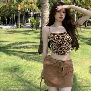 Strappy Leopard-print Cropped Camisole Top / Mini Skirt With Belt