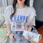 Short-sleeve Lettering Print Eyelet Lace Trim T-shirt