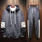 Set: Lettering Strap Velvet Zip Hooded Jacket + Jogger Pants