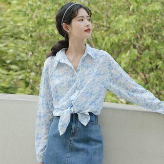 Long-sleeve Print Shirt Blue - One Size