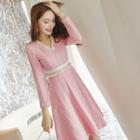 Long-sleeve Frill-trim A-line Cable-knit Dress