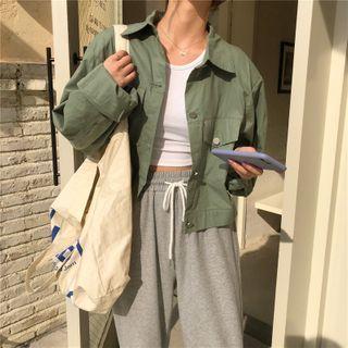 Lapel Cropped Long-sleeve Cargo Jacket As Shown In Figure - One Size
