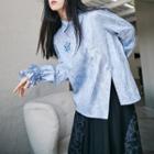Long-sleeve Butterfly Embroidered Tie-dye Frill Trim Asymmetrical Blouse