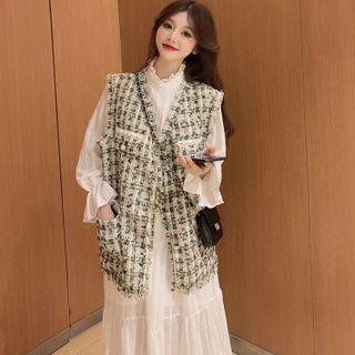 Puff-sleeve Striped Midi A-line Dress / Tweed Vest