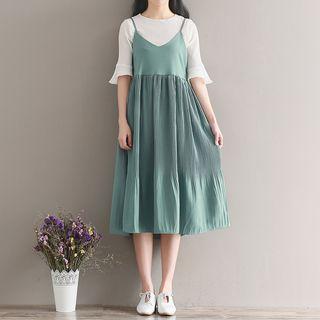 Set: Plain Elbow Sleeve T-shirt + Plain Midi Slipdress