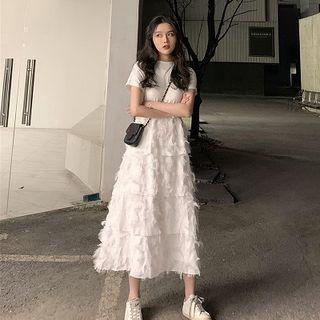 Fringed Trim Short-sleeve Midi A-line Dress / Sweatshorts