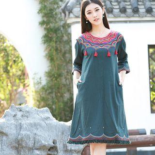 Tasseled Fringe Hem 3/4 Sleeve Dress