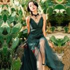 Spaghetti Strap Floral A-line Mesh Dress