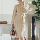 Turtleneck Long-sleeve Midi Cable-knit Sheath Dress Almond - One Size