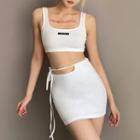 Set: Lettering Sleeveless Crop Tank Top + Tie-waist Mini Pencil Skirt