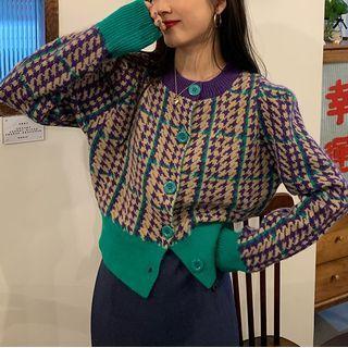 Contrast Trim Houndstooth Long-sleeve Cardigan