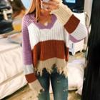 Color Block Frayed Sweater