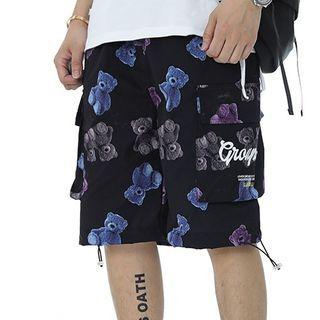Bear Print Straight Cut Drawstring Shorts