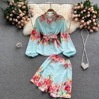 Set Of 2 : Flower Print Puff-sleeve Shirt + Wide-leg Shorts