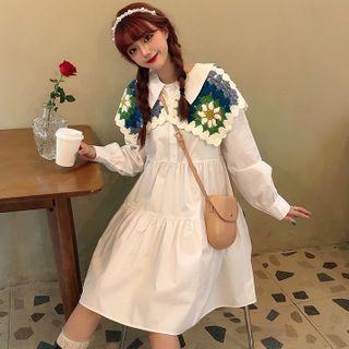 Collared Long-sleeve Shift Dress / Crochet-knit Cape