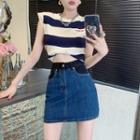 Striped Knit Tank Top / Denim Mini Pencil Skirt