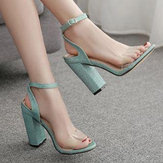 Pvc Strap Glitter Chunky Heel Sandals