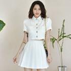 Set: Short-sleeve Collar Single-breasted Top + Pleated Mini A-line Skirt