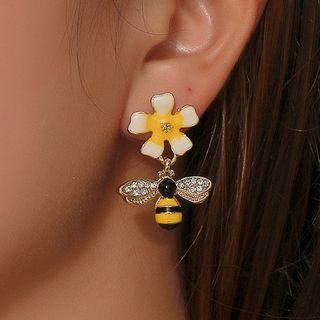 Rhinestone Alloy Bee & Flower Dangle Earring 1 Pair - 01 - 11628 - Kc Gold - One Size