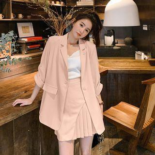 Set: 3/4 Sleeve Plain One Button Loose Blazer + Pleated Mini Skirt