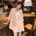 Set: 3/4 Sleeve Plain One Button Loose Blazer + Pleated Mini Skirt