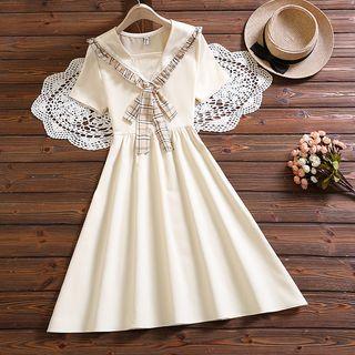 Short-sleeve Plaid Ribbon A-line Dress