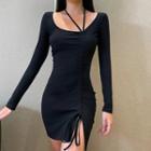 Long Sleeve Strappy Drawstring Mini Bodycon Dress