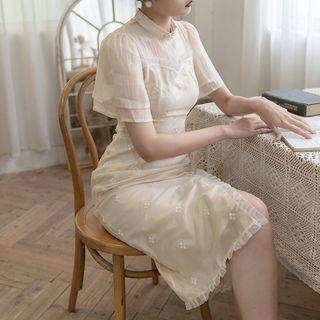 Short-sleeve Mesh Ruffled Qipao Dress (various Designs)