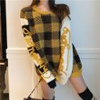 Plaid Panel Lettering Sweater As Shown In Figure - One Size