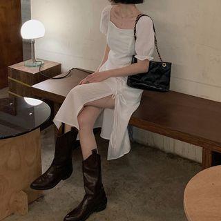 Puff-sleeve Square-neck Slit-side Drawstring A-line Dress
