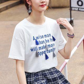 Tasseled Lettering Short Sleeve T-shirt