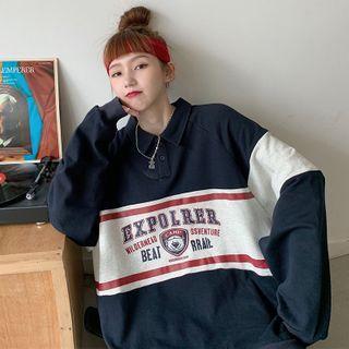Polo-neck Lettering Paneled Pullover