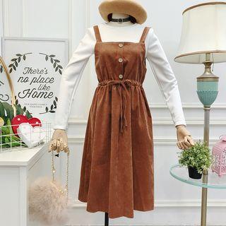 Set: Long-sleeve Top + Corduroy Midi Pinafore Dress