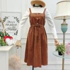 Set: Long-sleeve Top + Corduroy Midi Pinafore Dress