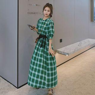 Puff-sleeve Plaid Midi Smock Dress