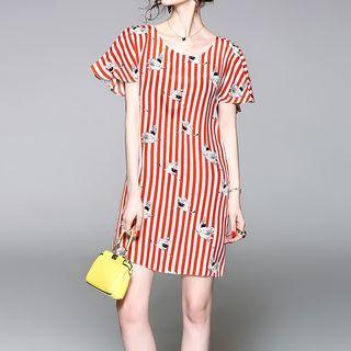 Floral Print Striped Short Sleeve Dress