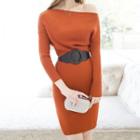 Off-shoulder Long-sleeve Mini Knit Dress With Belt