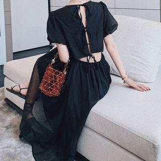 Short-sleeve Cutout-back Tie-strap Midi A-line Dress