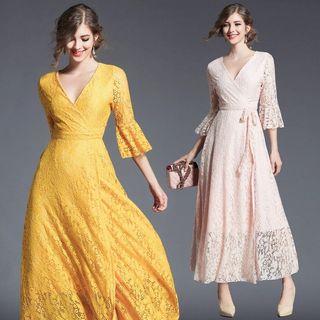V-neck Ruffled Lace Midi Dress