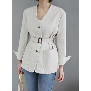 V-neck Buttoned Linen Jacket With Belt