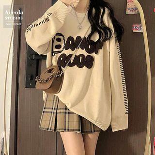 Letter Embroidered Sweater / Plaid Mini Pleated Skirt