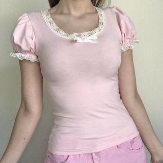 Lace-trim Short Puff Sleeve T-shirt
