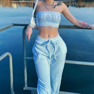 Set: Rhinestone Lettering Tube Top + Boot-cut Pants
